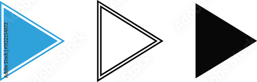 Black and white and blue triangular play button icons with solid, outlined, and layered designs for media, interface, and technology.