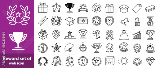 Reward set of web icons in line style. A collection of linear icons representing various reward concepts, including gift, trophy, recognition, reward program, medal, bonus, and more. Editable stroke