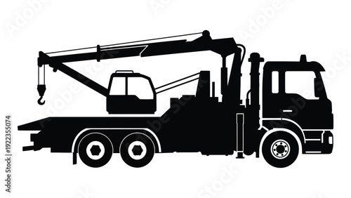 A black silhouette of a large truck with a crane isolated on white background, Vector