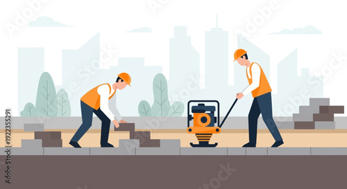 Construction Workers Laying Paving Stones with Compactor.