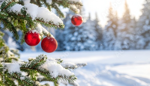 A snowy landscape with a decorated Christmas tree adorned with red ornaments glimmering in sunlight