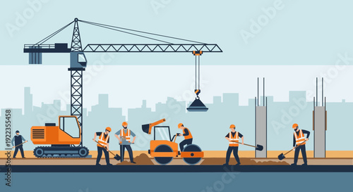 Construction Workers Operating Heavy Machinery.