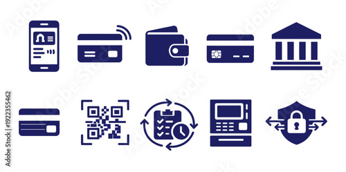 AI Technology Fintech Solid Icon Set – Digital Banking, Online Payment, Mobile Wallet, ATM, QR & Secure Gateway Flat Vector Pack