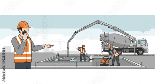 Construction Workers Pouring Concrete into Foundation.