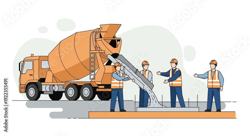 Construction Workers Pouring Concrete from Mixer Truck.