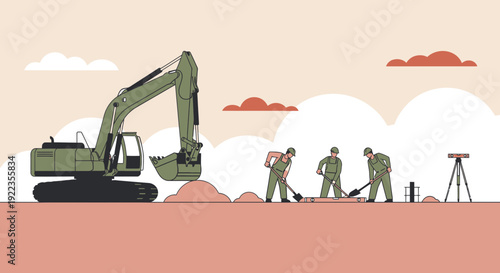 Excavator and Construction Workers at Work Site.