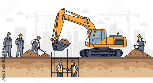 Excavator Digging Construction Site with Workers.