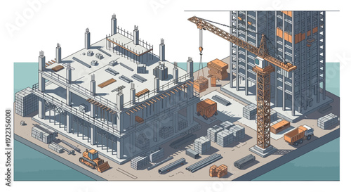 Industrial Construction Site with Crane and Buildings.