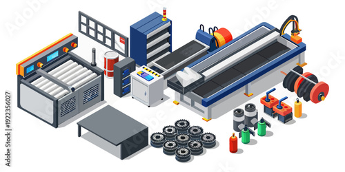 A colorful vector illustration of industrial manufacturing equipment and machinery