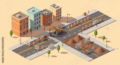 Isometric City Street with Buildings and Construction.