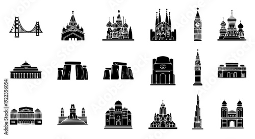 World Famous Landmarks Icon Collection – Black Flat Vector Illustration