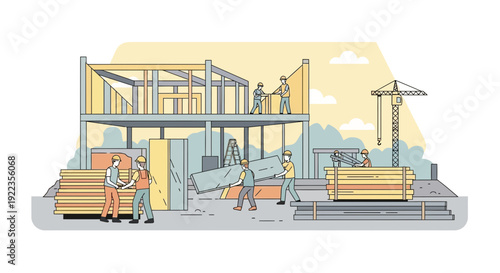 Industrial Sawmill Facility with Workers.