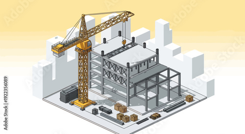 Isometric Construction Site with Crane and Building.