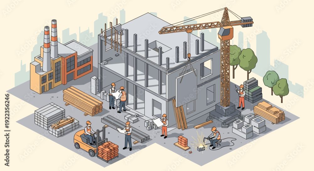 Fototapeta premium Isometric Factory Construction Site with Crane and Workers.