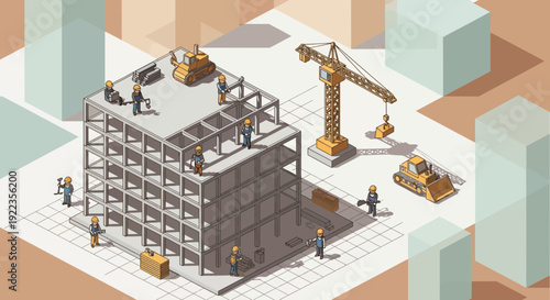 Isometric Construction Site with Crane and Workers.