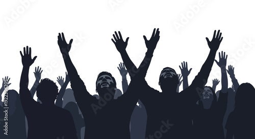 Diverse group of people raising hands celebrating success at sunset outdoor event