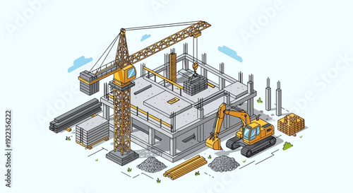 Isometric Construction Site with Crane and Machinery.