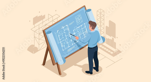 Man Creating Architectural Blueprint on Easel.