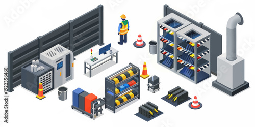 A vector graphic illustration of an industrial workspace with machinery and a worker