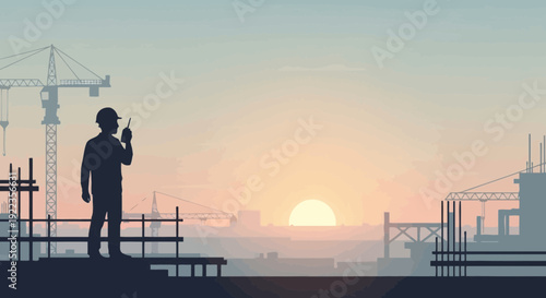 Silhouetted Worker on Construction Site at Sunset.