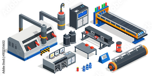A collection of industrial machines and equipment in a vector illustration