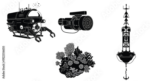 An illustration of underwater exploration equipment and marine life