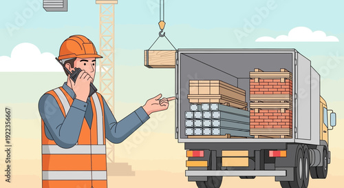 Warehouse Worker Directing Crane with Phone.