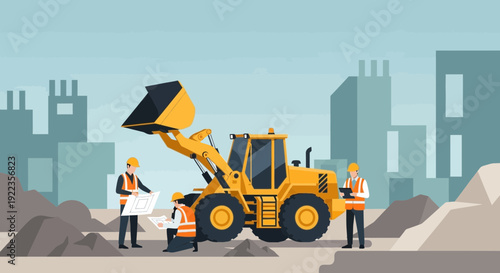 Yellow Front End Loader with Workers.