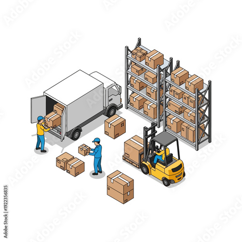 Isometric warehouse logistics scene with workers loading and unloading boxes from a delivery truck and forklift.