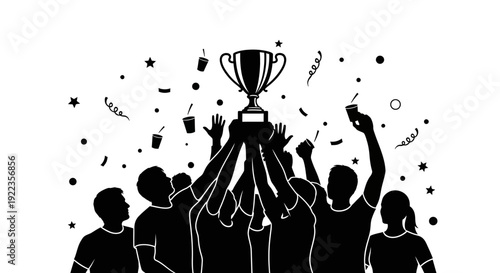 Team celebrating victory with trophy and confetti in black and white illustration