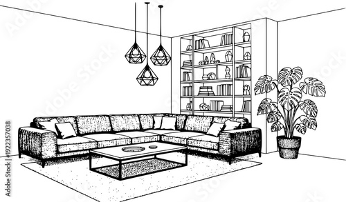 Architectural Modern Interior Sketch Hand Drawn Furniture Ink Vector Art