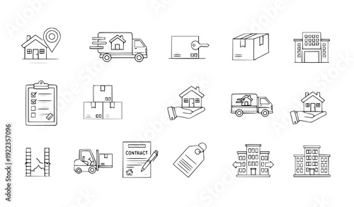 Property Delivery and Real Estate Logistics Flat Vector Icon Set with Moving Shipping and Warehouse Symbols
