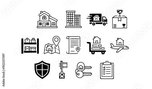 Housing Relocation and Property Logistics Vector Icons Set with Delivery Truck and Moving Symbols