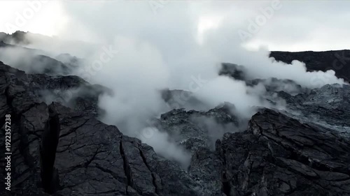 Wallpaper Mural Sulfuric Vapor Pillars Dynamic medium shot of tall, undulating columns of yellowish-white steam and mist rising against a backdrop of stark, ash-covered volcanic slopes, suggesting intense Torontodigital.ca