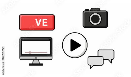 Flat cartoon online streaming and broadcasting icons vector set for digital media and live video