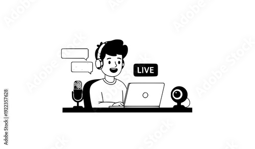 Cute cartoon live streaming vector illustration with online broadcasting and streaming setup for content creators