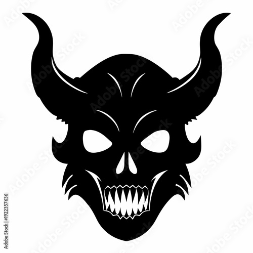 Aggressive Horned Demon Skull Silhouette - Sharp Fanged Devil Monster Vector Graphic