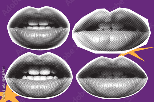 Seductive Female Biting Lip Silhouette, High Contrast Monochrome Halftone Vector Illustration for Streetwear and Fashion Apparel Design