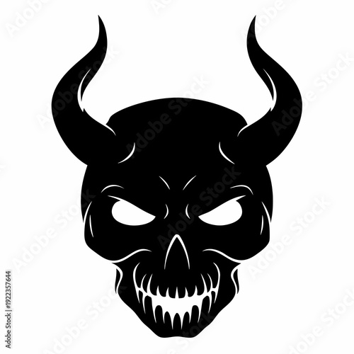 Evil Horned Demon Skull Silhouette - Black Devil Monster Head Vector Graphics
