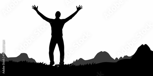 Success Silhouette: Man With Raised Arms On Mountain Peak
