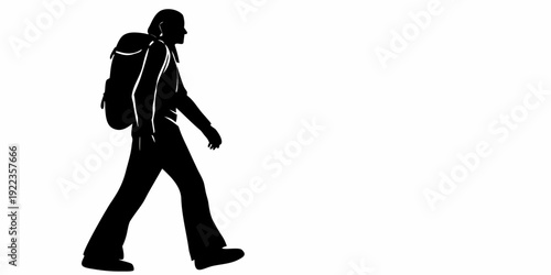 Backpacker Silhouette: Side View Of Hiker Walking On White Background