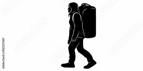 Female Hiker Silhouette: Woman With Backpack Walking Profile