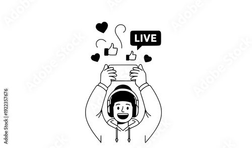 Cute cartoon live video streaming vector illustration with mobile broadcasting and social interaction icons
