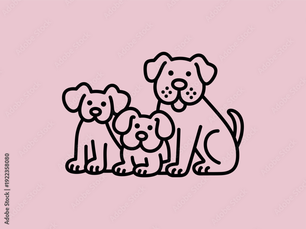 Fototapeta premium A simple black line drawing depicts three adorable dogs of varying sizes set against a pink background