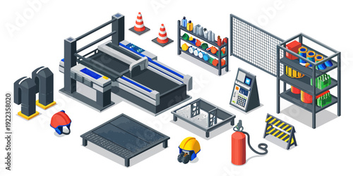 A colorful vector illustration of a construction site with various equipment and tools