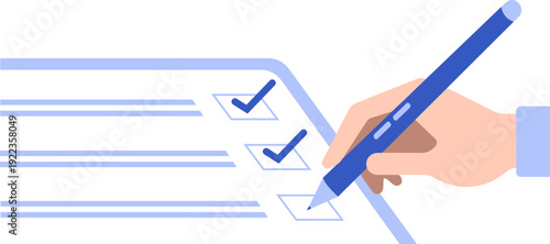 Close up check mark on checklist document flat vector illustration, business approval and task completion concept, pen marking form isolated on white background, minimal office design element