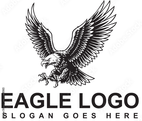 A black tribal silhouette of a flying eagle with spread wings and sharp feathers, depicting a majestic bird of prey in flight as a symbolic wildlife vector illustration for a nature tattoo design