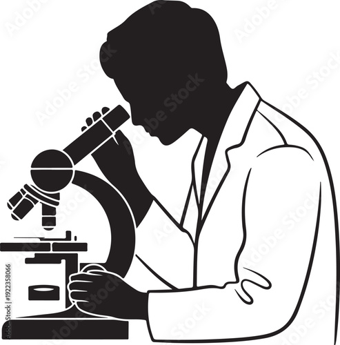 Silhouette of a scientist examining through a microscope