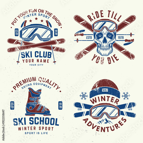 Set of ski winter sport retro badge. Vector. Concept for shirt, print, seal or stamp with ski boot, ski glasses, skull skeleton. Family vacation, activity or travel. For logo design, patches