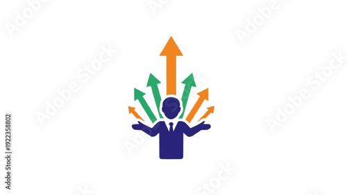 Businessman with arms outstretched and arrows.